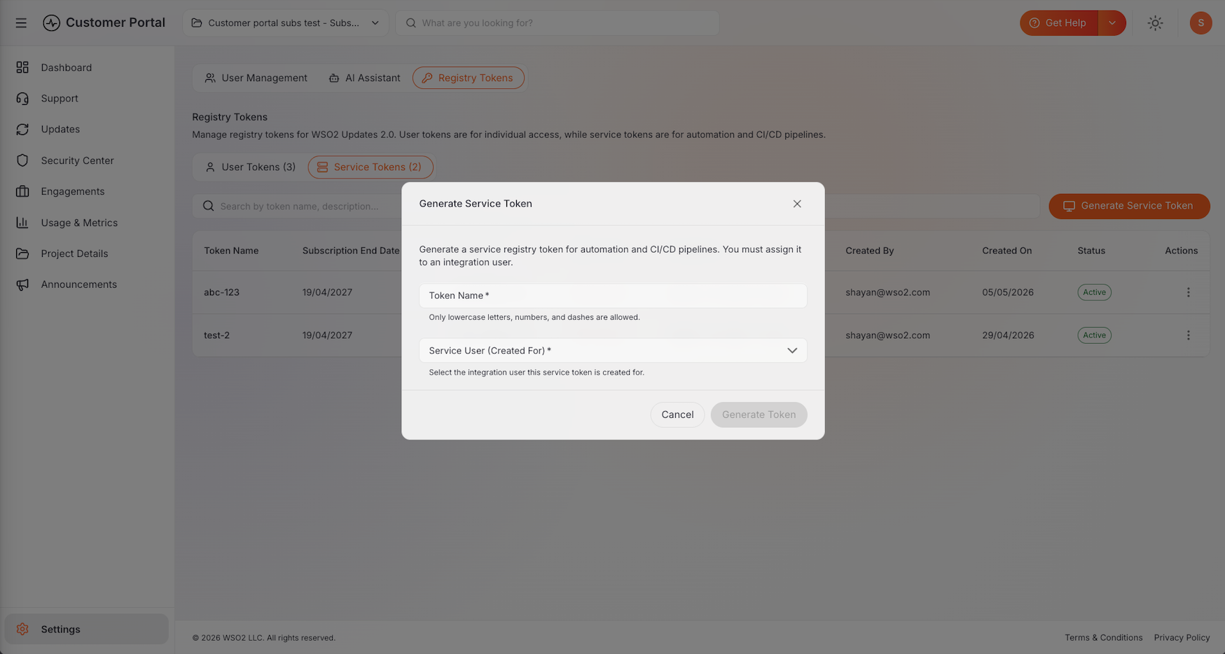Generate service token dialog