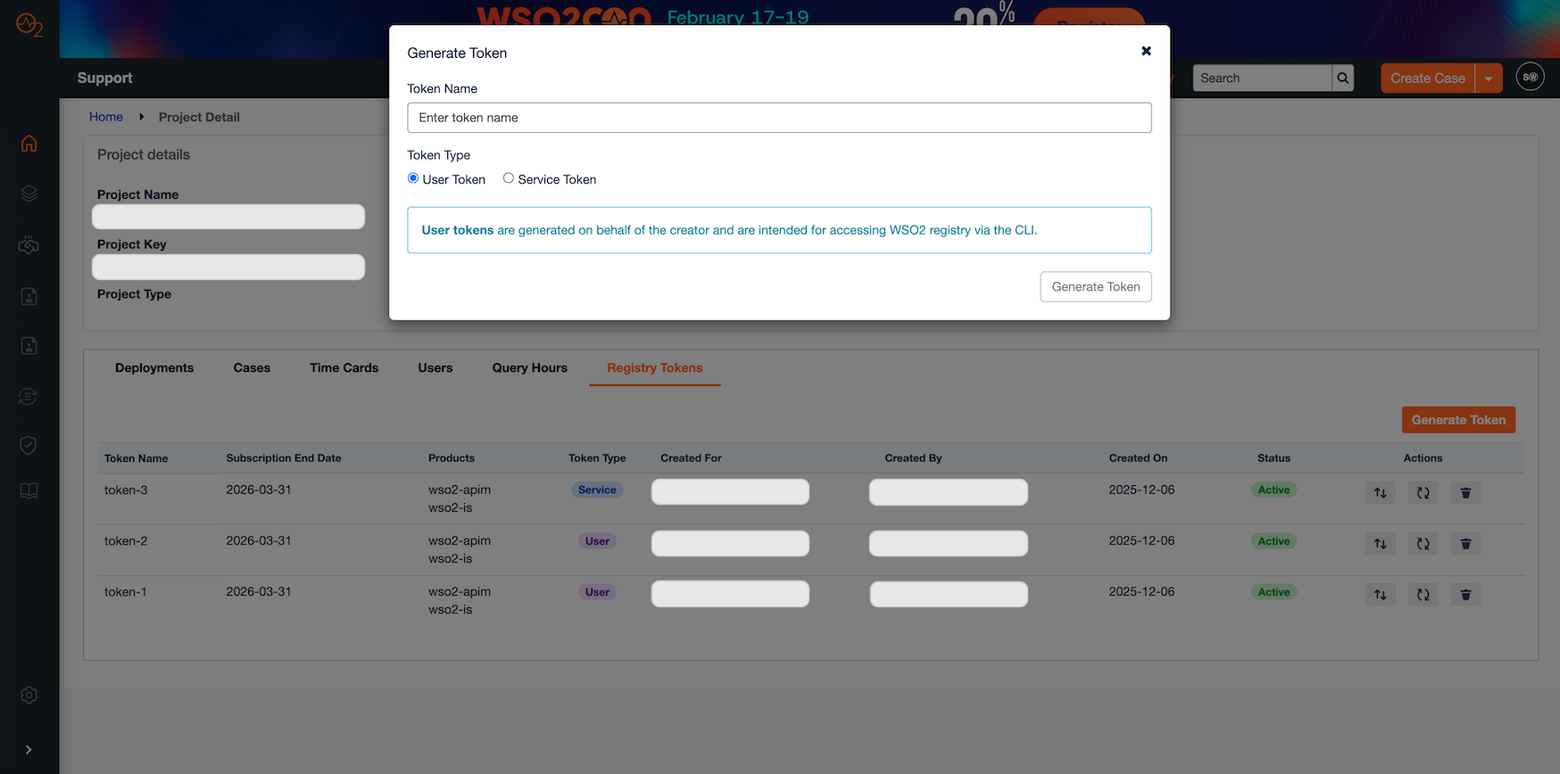 Generate user token dialog