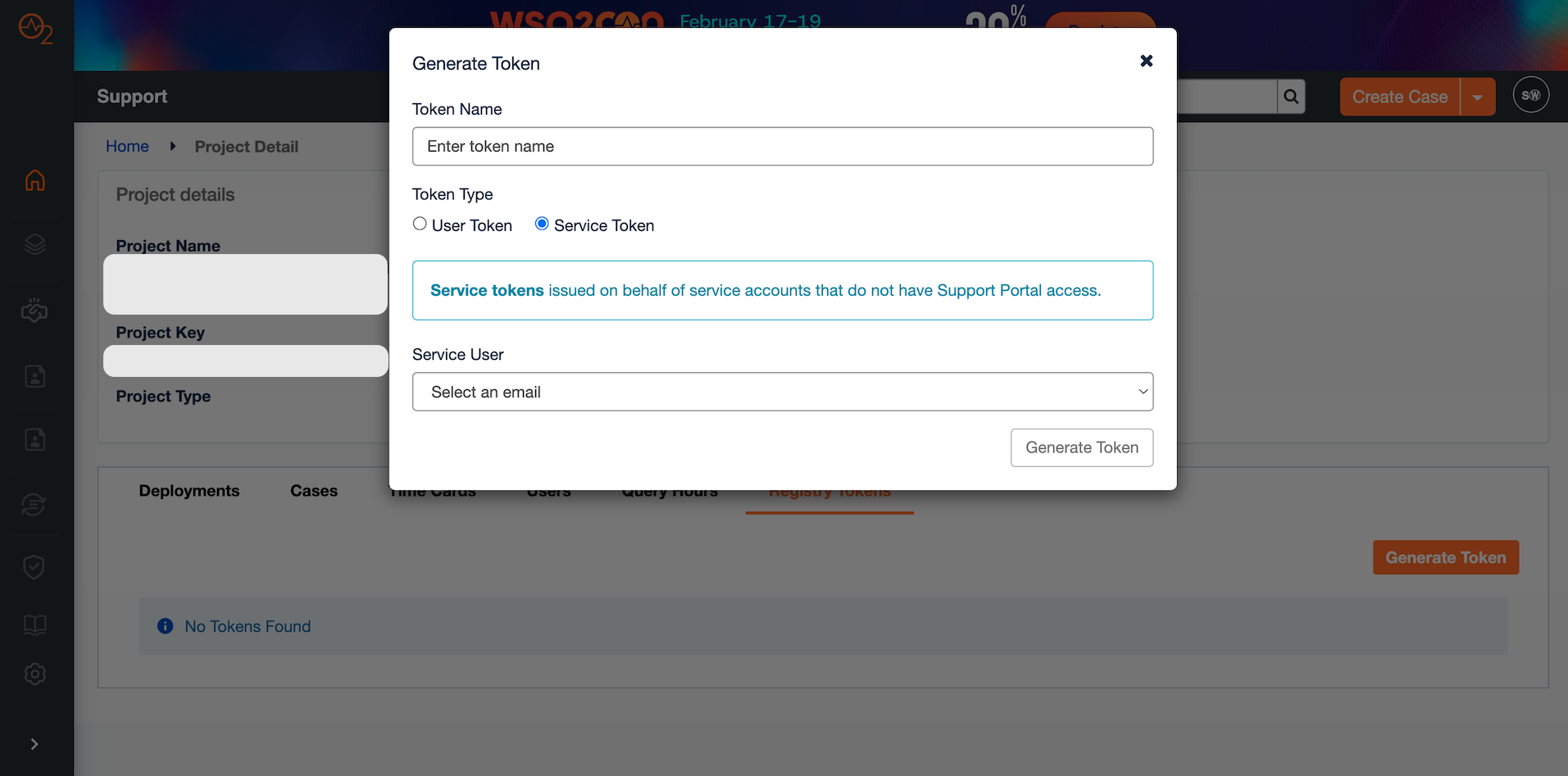 Generate service token dialog
